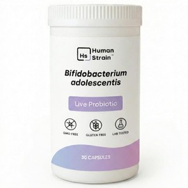 Human Strain Bifidobacterium Adolescentis Probiotic | Menos movimientos intestinales urgentes, reducción de la hinchazón/gases y apoyo a la digestión | Simbiótico clínicamente estudiado | 30 unidades (suministro para 30 días)