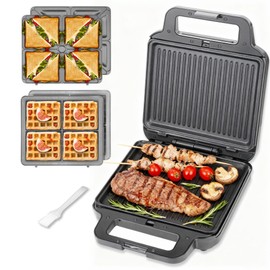 FineMade Panini Grill Press Breakfast Sandwich Maker 3 in 1, Electric Griddle Panini Press, Grilled Cheese Maker, Sandwichera Electrica, Belgian Waffle Maker with Removable Plates