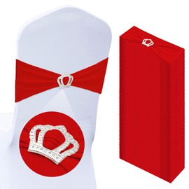 50 Pcs Stretch Chair Sashes with Crown Chair Sashes with Buckle Slider Wedding Elastic Cover for Party Bridal Baby Shower Ceremony Reception Banquet(Red)