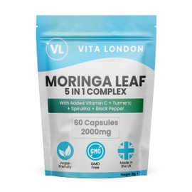Moringa Leaf Capsules 2000mg | Added Vitamin C + Turmeric + Spirulina + Black Pepper | High Strength Supplements for Men & Women | 60 Vegan Capsules (Not Powder, Tablets of Gummies)