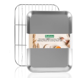 Bofolai 18/0 Stainless Steel Baking Sheet with Cooling Rack, 12.4 Inch Oven-Safe Non-Toxic Cookie Sheets for Baking, Coating Free & Rust Resistant for Healthy Family Baking, Easy to Clean, Heavy Duty