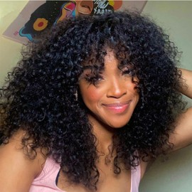 YOUNG BEAUTY Curly Human Hair Wig With Bangs 100% Brazilian Human Hair Curly Wigs O Scalp Top Full Machine Made Wig for Black Women Loose Curly Wigs 180Density 22inch Natural Color