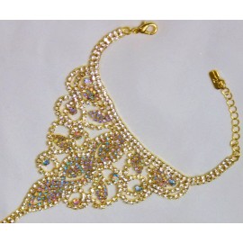 Unbranded Gold AB Crystal Rhinestone Bridal Bracelet Slave Cuff Attached Ring Set /8718