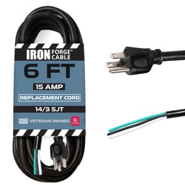 Iron Forge Cable 14 Gauge Power Cord Replacement - 6ft,15 Amp Black Heavy Duty Extension Cord, 14/3 SJT 3 Prong Electric Cable - 3 Wire for Appliances & Power Tools, NEMA 5-15P