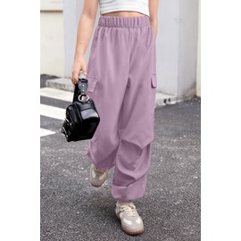 Big Girls Summer Baggy Parachute Y2K Cargo Pants Cute Soild Wide Leg Hiking Joggers Purple 13-14 Years