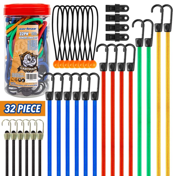 Cartman 32 Piece Bungee Cords Assortment Jar Includes 10" 18" 24" 32" 40" Bungee Cord with Hooks, 8" Canopy Tarp Ball Ties and Tarp Clips