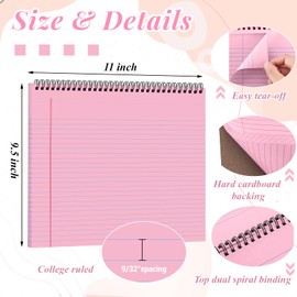 MotiMind 4 Pcs Legal Pads Landscape Notebooks Hole Punched Top Spiral Bound Notebooks 11 x 9.5 Inch College Ruled Drawing Notepad Tear Line for Removal 50 Sheet Office Steno Book(Pink)