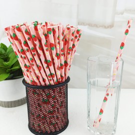 YAOSHENG Premium Disposable Drinking Fruit Paper Straws, Pack 100 Strawberry Paper Straws for Cocktail Party Supplies,Birthday,Bridal/Baby Shower,Juice,Shakes (Strawberry)