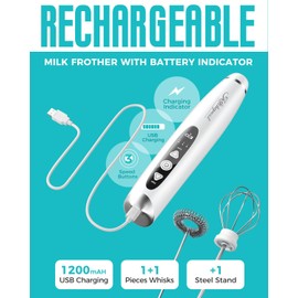 Kitchepool Rechargeable Milk Frother Wand with Stand for Coffee, Electric Whisk with 3 Speed Adjustable, Drink Mixer Handheld for Lattes, Cappuccino, Hot Chocolate, Egg, White