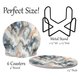White Agate Marble Round Coasters Set of 6 - Abosrbent Ceramic Coasters with Metal Stand for Drinks, Coffee, Non-Slip Cork Back for Tabletop Protection, 4 Inches Marbled Pattern (Light Colored Veins)