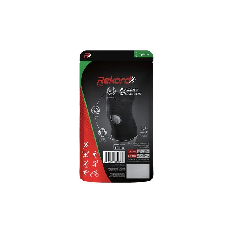 Rodillera Deportiva Rekord Flexible y Ajustable para Meniscos, en Negro