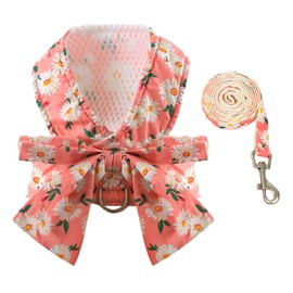BAEJMJK Dog Harness and Leash Set with Bow Knot No Pull Pet Daisy Floral Harness with D-Ring Soft Mesh Dog Harness Vest Set Escape Proof Princess Puppy Harness for Small Girl Dogs Cats（Pink L）