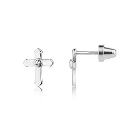 Children's First Communion, Baptism or Christening Sterling Silver Cross Screw back Earrings with CZ