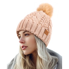 PIOZAED Women's Winter Pompom Beanie Warm and Cozy Knit Hat Fleece Lining Skull Cap for Women Beige