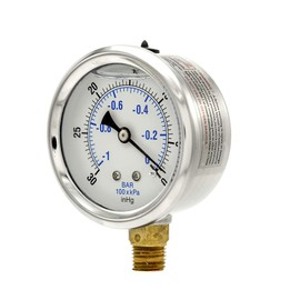 PIC Gauges PRO-201L-254A 30"-0 hg Vacuum PSI Pressure Gauge, 2 1/2" Dial, 1/4" Male NPT Connection, Bottom Mount, Dual Scale, Glycerin Filled, Stainless Steel Case/Bezel, Brass Internals & Plastic Lens