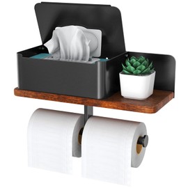 Toilet Paper Holder with Shelf Double Roll Toilet Tissue Holder with Wipes Dispenser for Bathroom, Metal and Solid Wood Tissue Paper Roll Wall Mount Storage Aromatherapy, Phone Shelf, Black