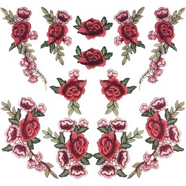 12 PCS Rose Embroidered Lace Flower Applique Patches Peony Flower Embroidered Applique Sew on Patches Retro Embroidery Rose Patches Large Red Rose Appliques for Clothes T-Shirt Dress Jeans Hats