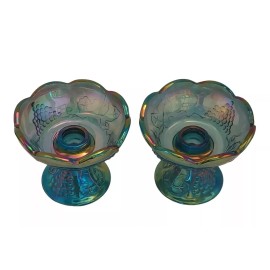 Indiana Glass Set of 2 Vintage Harvest Grape Blue Indiana Carnival Glass Candle Stick Holders
