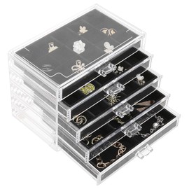 misaya Earring Jewelry Organizer with 5 Drawers, Christmas Day Gift, Clear Acrylic Jewelry Box for Women, Velvet Earring Display Holder for Earrings Ring Bracelet Necklace, Black