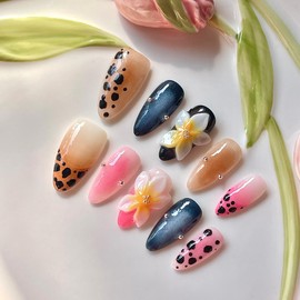 Handmade Press-On Nails – 3D Flower & Pink Leopard Print Fake Nails | Medium Almond Acrylic Nail Tips | Artistic Stick-On Nails for Women & Girls, Cute Design False Nails (Leopard, S)