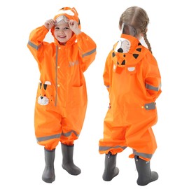 JinBei Waterproof Suit for Kids Girls Puddle Suit All in One Raincoat Lightweight Hooded Portable Breathable Easy to Dry Rainsuit Rainwear for Children Girls 4-6 Years, Orange Tiger Print