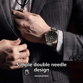 Men's Watch, Flat, Analogue, Quartz, Date Display, Classic Fashion, Waterproof Wristwatch with Leather Strap