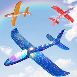 BAIVYLE 3 Pack 18.9" Throwing Foam Airplane Toy for Ages 8-13 ，LED Light Up Flight Plane Toy for Boys, Outdoor Flying Toy Birthday Gifts for Boys Girls 3-12 Years Old Kids Christmas Easter