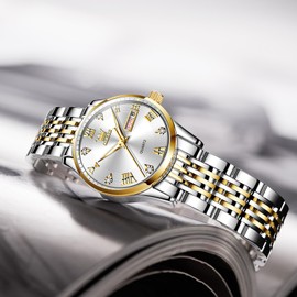 OLEVS Women's Ultra-Thin Classic Watches, Stainless Steel Minimalist Ladies Watches for Women, Ladies Women Analog Quartz Wrist Watches Two Tone Gold and Silver Small Casual Fashion Female Watches