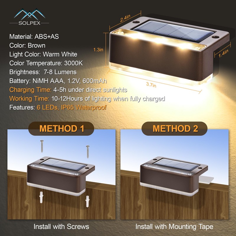 SOLPEX Solar Fence Lights, 6 LEDs Solar Lights Outdoor Waterproof
