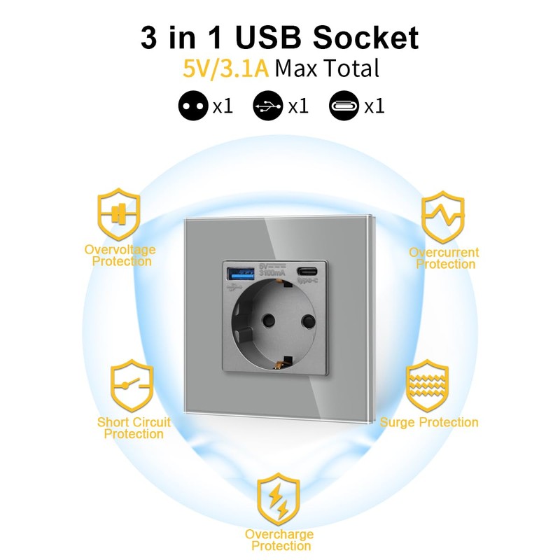 JIMEIDA Single Socket with USB 20 W Fast Charging Grey,