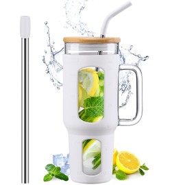 WINSA Glass Tumbler with Lid and Straw, 46 oz Iced Coffee Cup with Handle, Large Water Bottles with Silicone Sleeve, Glass Cup with Straws - Pearl Straw & Drinking Straw BPA Free-White