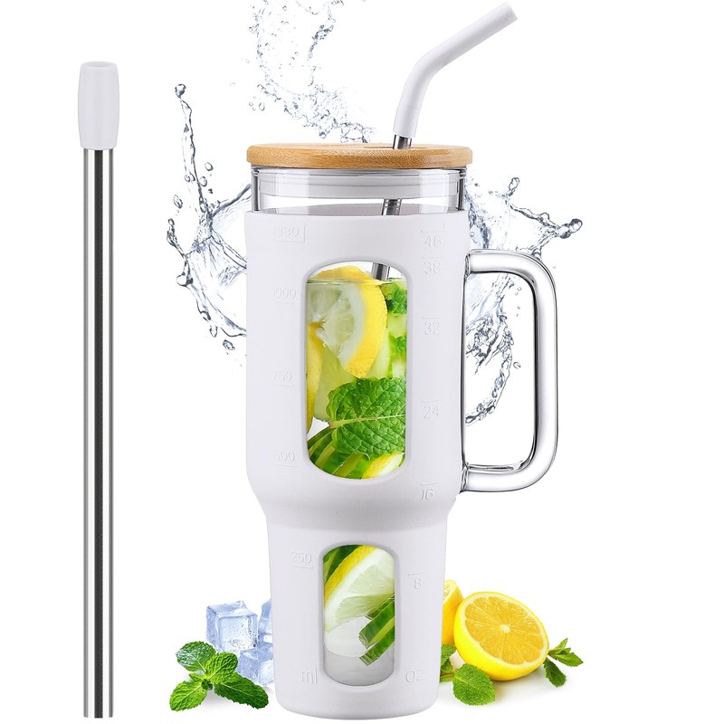 WINSA Glass Tumbler with Lid and Straw, 46 oz Iced