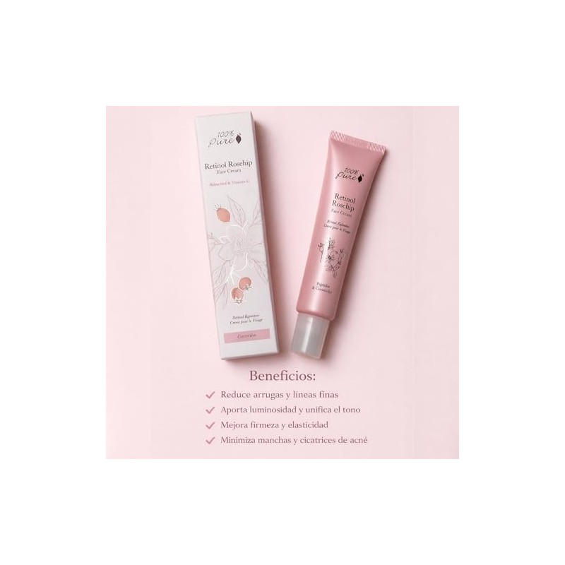 100 Pure Crema Facial Retinol Rosa Mosqueta Péptidos Ceramidas Hidratante
