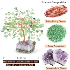 MASGEMES Chakra Gemstone Crystal Tree of Life, Natural Green Aventurine Jade with Amethyst Cluster Base, Feng Shui Decor Money Tree, Home Decor for Luck and Wealth 5.5"-6.3"