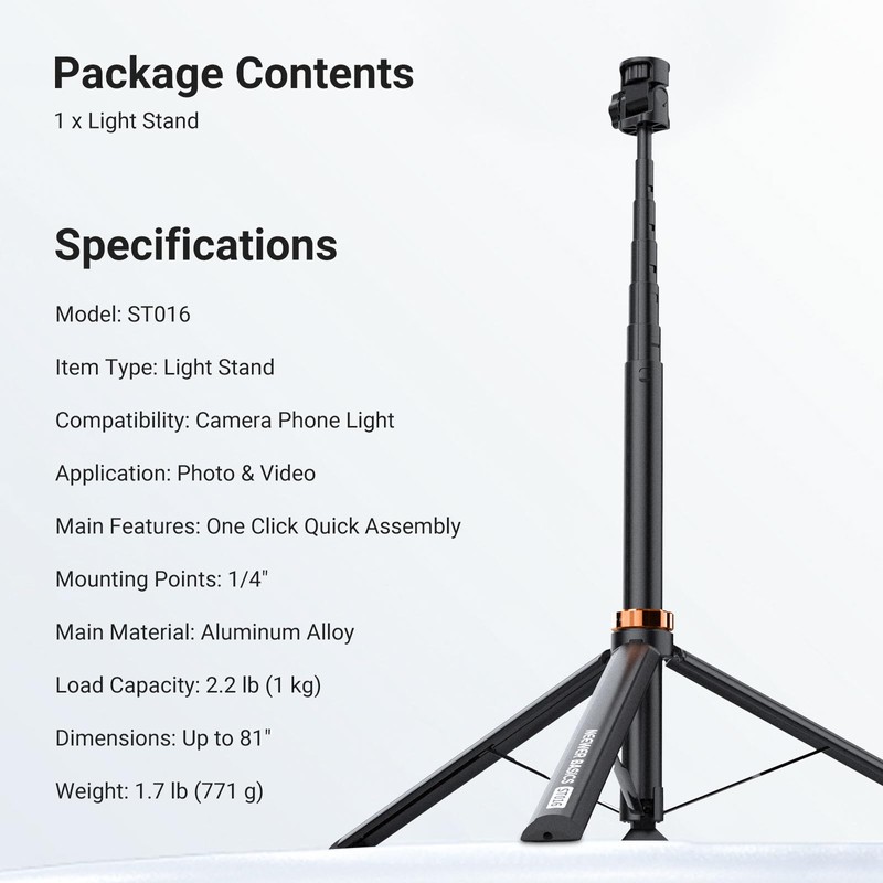 NEEWER Basics Photography Light Stand, 81" Extendable Metal Portable Adjustable