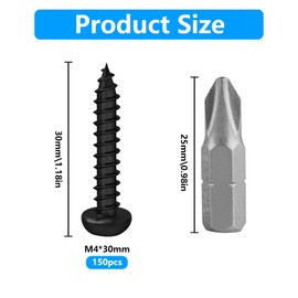 150 Pcs M4 Screws Set, Black Wood Screws Assortment, Self Tapping Round Truss Head Self-tapping Screw Assorted Set for Masonry Decking Furniture(M4x30mm)