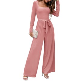 LOOKBOHO One Piece Jumpsuits for Women Dressy Casual Square Neck Elegant Wedding Guest Jumpsuit Wide Leg Long Romper Dusty Pink M