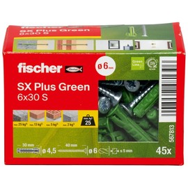 fischer SX Plus Green Expansion Dowels 6 x 30 S, Box of 45 Sustainable Dowels and Matching Screws, Optimal Hold in Concrete, Solid Brick, Aerated Concrete, Perforated Bricks and Much More