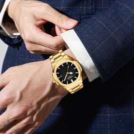 NIBOSI Men's Wristwatch, Stylish, Business, Stainless Steel, Metal Band, Waterproof, Analog, Metal Band, Casual, Date, Fluorescent, Classic Luxury Gift, Gold, Black, Wach for Men, G2632 Gold Black,