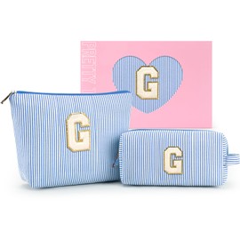 mibasies 2 PCS Initial Makeup Bags for Women: Cosmetic Bag for Travel Toiletry - Birthday Gifts for 11 12 13 14 15 16 17 18 Years Old Girl Gift- Preppy Teen Girl Gifts Trendy Stuff - Blue G