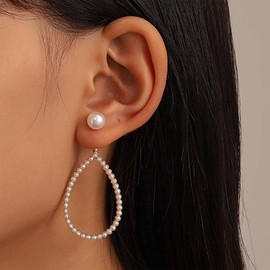 Allereya Vintage Pearl Ear Jacket Earrings Oval Pearl Hoop Dangle Earrings Hollow Teardrop Earrings Pearl Teardrop Earrings Jewelry for Women and Girls
