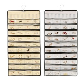 ACQTULOU 2 Pack Dual-sided Hanging Jewelry Organizer, Travel Bracelet Ring Earrings Storage Closet with Rotating Metal Hanger, 48 Pockets Jewelry Organizer Accessories (white&beige 48)