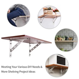 YUMORE Shelf Bracket 12", Stainless Steel Heavy Duty L Shaped Brackets Wall Mounted Floating Table Support with Hanging Holes Corner Brace 4mm Right Angle Joint Brackets, 2pcs, Max Load 400lbs