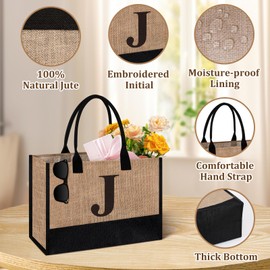 Initial Jute Tote Bag & Makeup Bag, Birthday Gifts for Women Her Mum Teacher, Suitable for Wedding, Beach, Holiday (J)