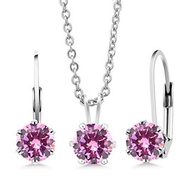 Gem Stone King Round Pink Zirconia Rhodium Plated Brass Pendant and Earrings Jewelry Set With Chain