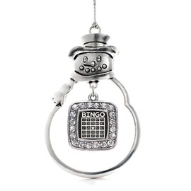 Inspired Silver - Bingo - Silver Christmas Ornament - Square Charm Christmas Tree Ornament with Cubic Zirconia - Snowman Hanging Decoration