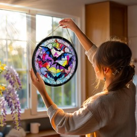 8 Inch Stained Glass Suncatcher Ornament, DOUHASU Bat Sun Catchers Indoor Window, Stained Glass Window Hanging, Home Decor, Bat Lovers Gifts for Him, Men