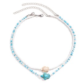 Seashell Puka Summer Choker Necklace Boho Charm Layered Shell Turtle Starfish Conch Ocean Animal Beaded Necklace for Women Bohemian Surfer Hawaiian Beach Holiday Fashion Jewelry Gifts (Blue)