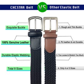 CHCSTAR Braided Stretch Golf Belt Men Big and Tall Belt Genine Leather - Black Navy 40