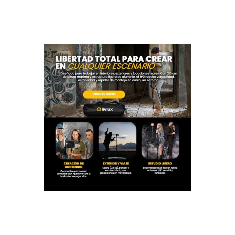 LIVLUX Tripie para Camara y Luz 2 en 1 -